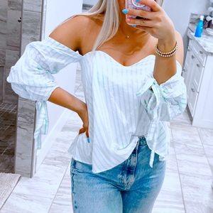 teal blue & white striped off shoulder top